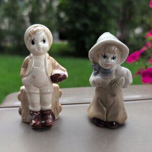 Vintage Ceramic Farm Girl and Boy In Natural Colors, Autumn Harvest